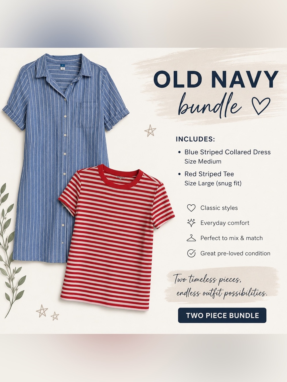 Old Navy Bundle | Striped Shirt Dress (M) + Red & White Ribbed Tee (L) | 2 Piece